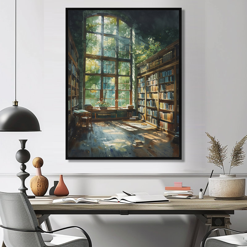 Bibliothèque verte et brune, Quiet Haven II - Art encadré avec bibliothèque, H 24 po x l 32 po, Cadre flottant noir