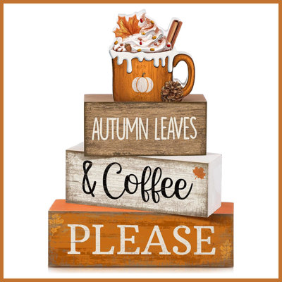 4 Pcs Farmhouse Pumpkin Latte Fall Wooden Blocks, Coffee Bar Thanksgiving Table Home Decor