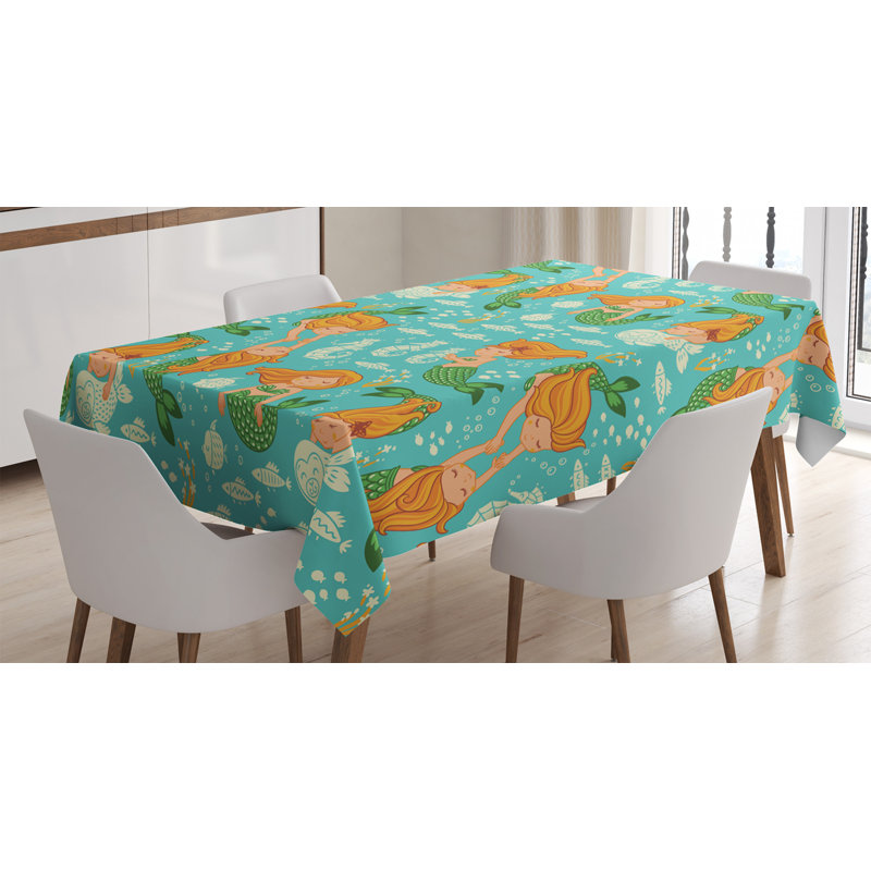 Ambesonne Underwater Tablecloth, Underwater World Little Mermaid Girls Friends Seahorse Fish Shells, Rectangular Table Cover For Dining Room Kitchen Decor, 52" X 70", Turquoise Marigold Green