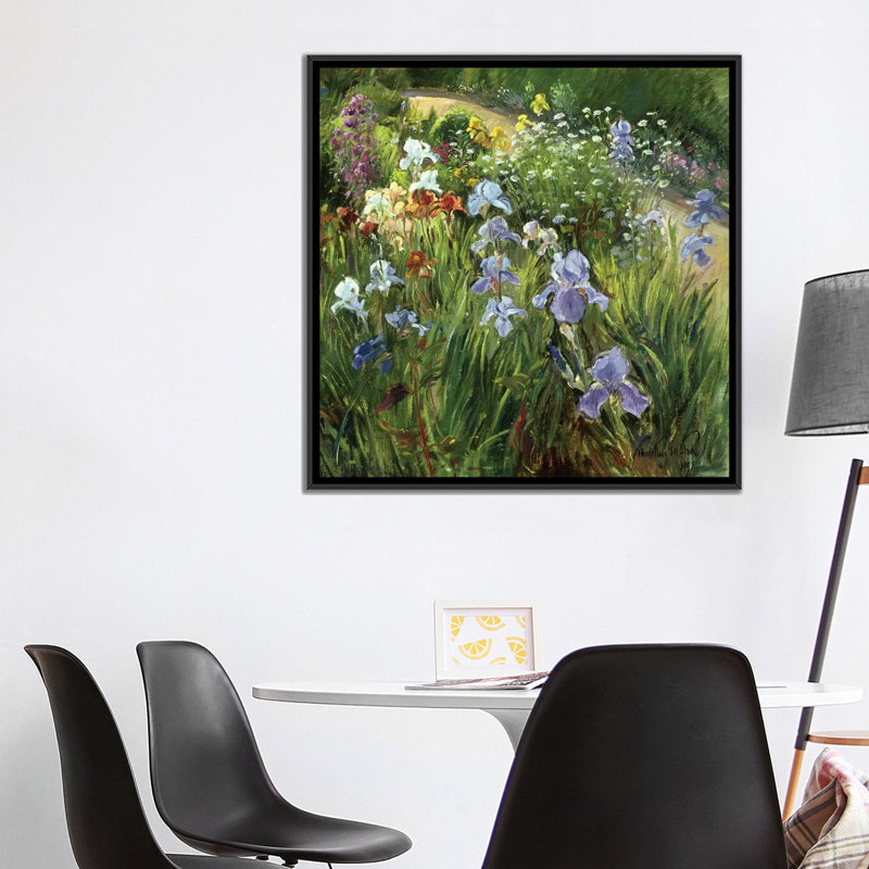 «Irises and Oxeye Daisies», reproduction sur toile, H 37 po x l 37 po x P 1,5 po, Toile avec cadre noir, Pas de tapis
