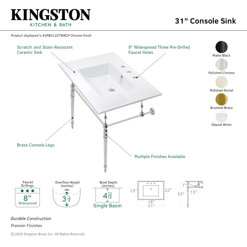 Lavabo de salle de bain console rectangulaire en céramique avec trop-plein Edwardian, Nickel poli / blanc, Centres de 8 po