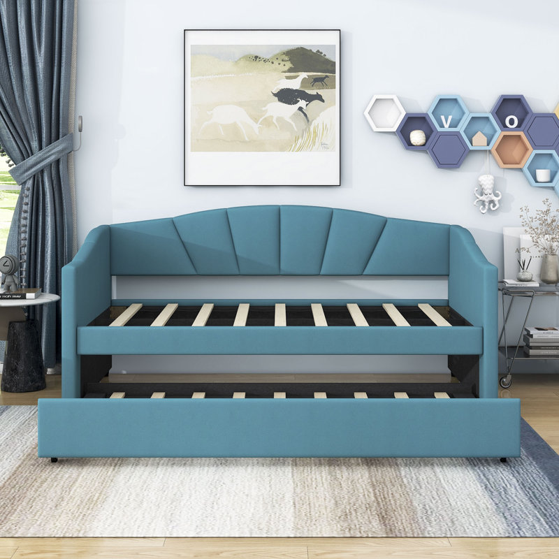 Mansueta Twin Size Upholstered Daybed with Trundle, Blue
