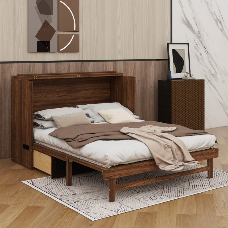 Armoire lit escamotable sophistiquée pour grand lit avec station de charge et grand tiroir de rangement, Noyer