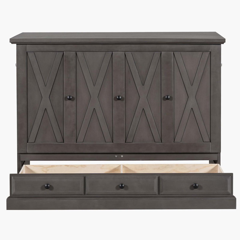 Armoire-lit avec commode en pin massif avec station de charge, gris, Double