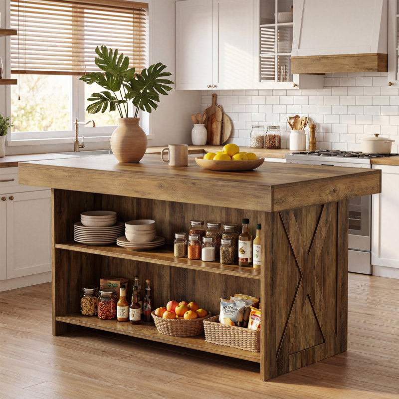 Îlot de cuisine 55 po avec tablettes de rangement, îlot de cuisine autoportant pour la cuisine, Brun