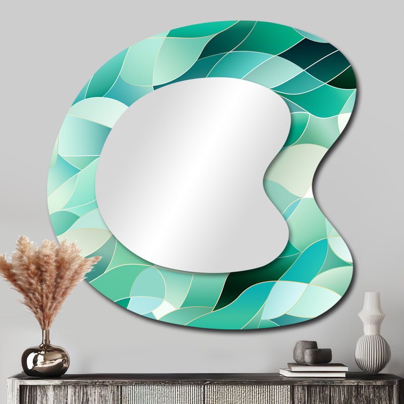 Funch Seaglass Light Green Mosaic Coastal Pattern - Abstract Asymmetrical Decorative Mirror, Green Irregular Shape Wall Mirror, Printed Metal Art