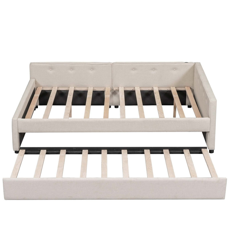 Lit plateforme tapissier double avec USB et lit gigogne simple, Full / Double