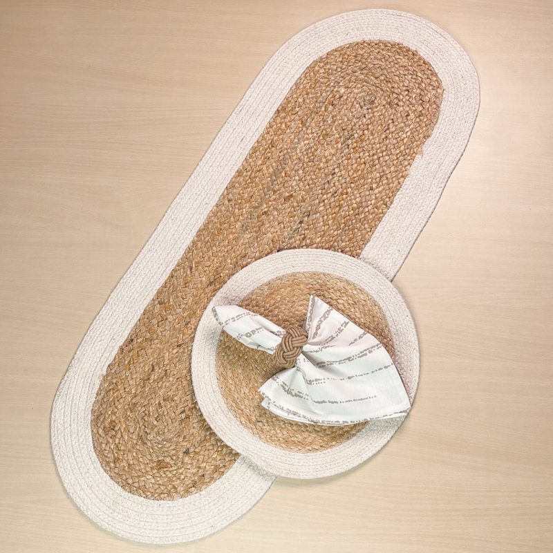 VERONA JUTE BORDER ROUND TABLE RUNNER, Natural/Ivory