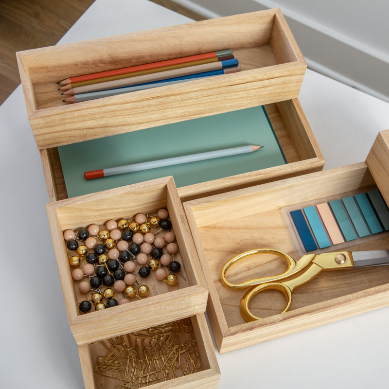 Light Natural 6-Piece Paulownia Wood Desk Drawer Organizer Set