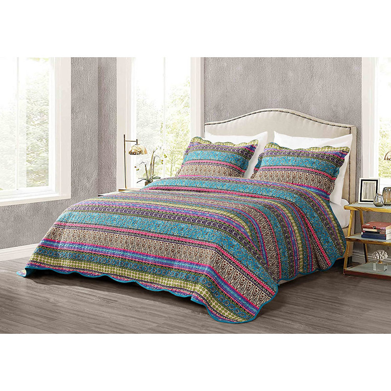 Boho Chic Blue Cotton Queen Reversible Quilt Set