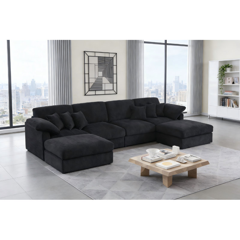 Canapé modulaire large de 6 pièces avec canapé repose-pieds amovible de 146 po, Polyester noir