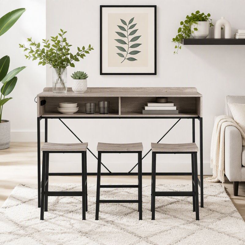 Ensemble table et chaises de bar 4 pièces avec éclairage DEL et prise électrique, Gris
