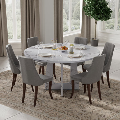 Round Modern Farmhouse Wooden Dining Set with Linen Upholstery Dining Chair Set for Dining Room