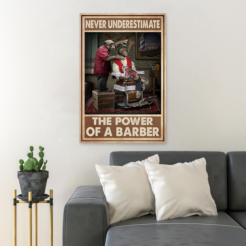 «Monkey Barber With His client - Once Once A Time», reproduction d'art graphique sur toile tendue, H 20 po x l 16 po x P 2 po