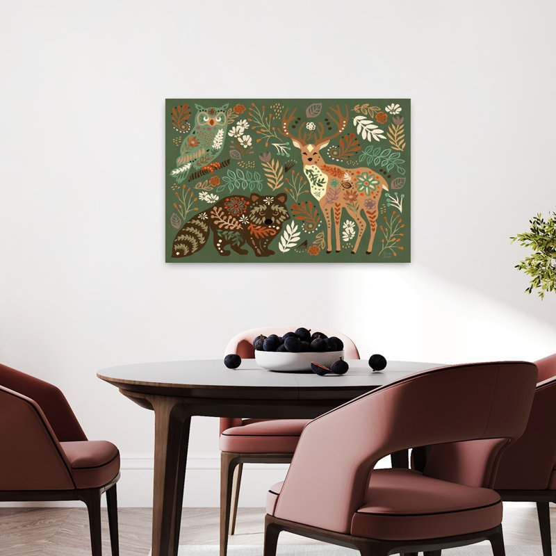 Wooded Hideaway II Abstract Contemporary Bird Deer Owl Wildlife Wall Art Print 1 Piece Wrapped Canvas Wall Art