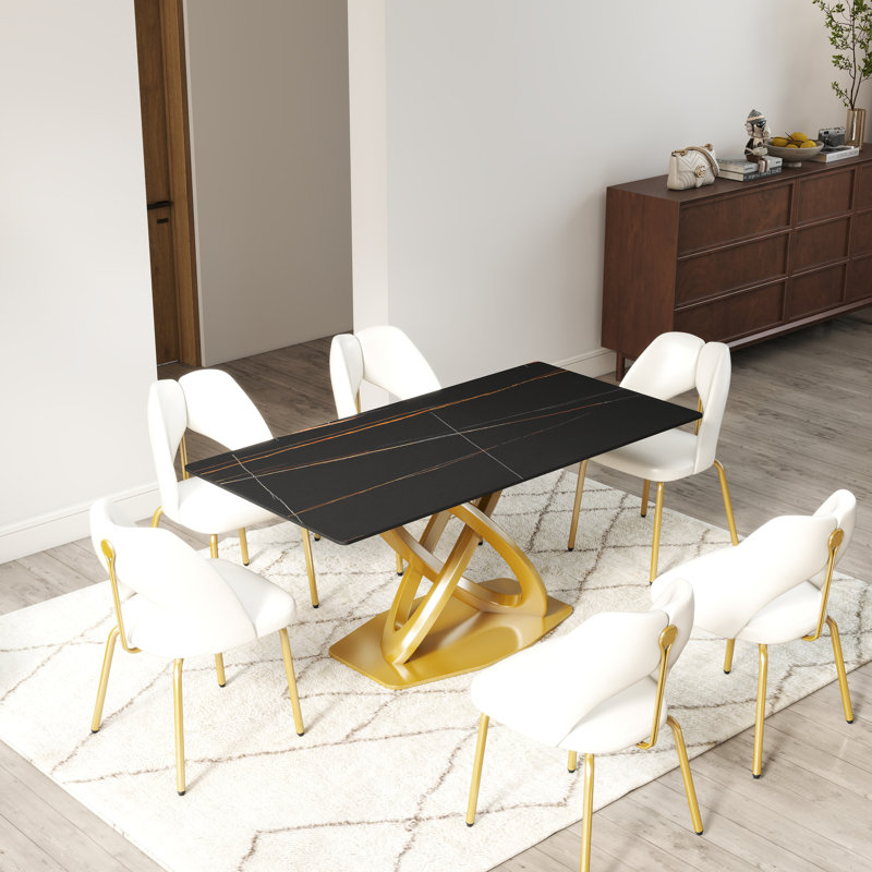 Modern Rectangular Sintered Stone Dining Table with Pedestal Base, Black, 29.53” H x 63” L x 31.49” W