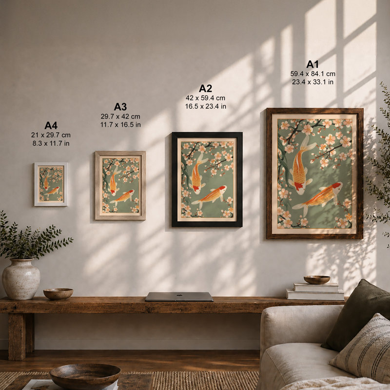 Koi Among Blossoms Japandi - Framed Print, A2 - 59.4 x 42.0 cm, Black