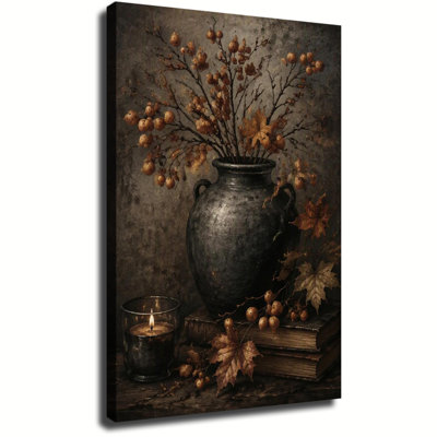 Branches d'automne séchées avec des baies dans un vase en argile sombre, à côté d'une bougie et de livres anciens - Tableau sur toile