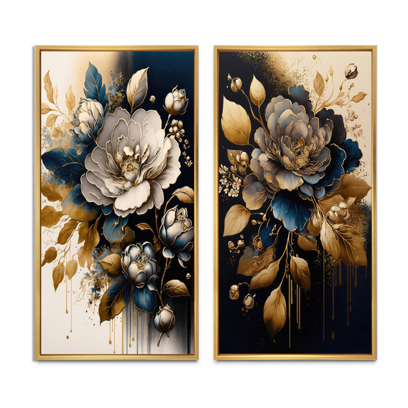 «Black and Gold Camellia Bouquet I», 2 pièces sur toile, Encadrement brun, H 32 po x l 32 po