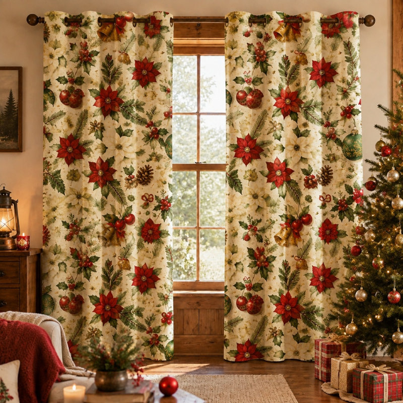 2 Pcs de Noël poinsettia clochettes houx baies, pommes de pin, rideaux, œillets à imprimé floral festif, vacances d'hiver décoratives pour salon chambre à coucher