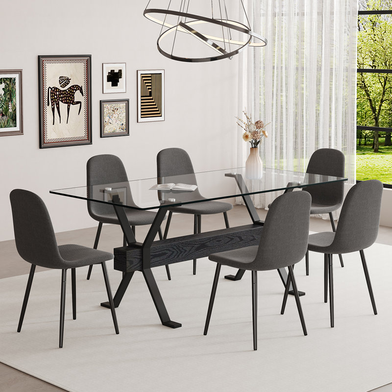 Ensemble table et chaises pour 6 personnes, table en verre trempé et chaises confortables, 7 pièces : table, 6 chaises, Gris