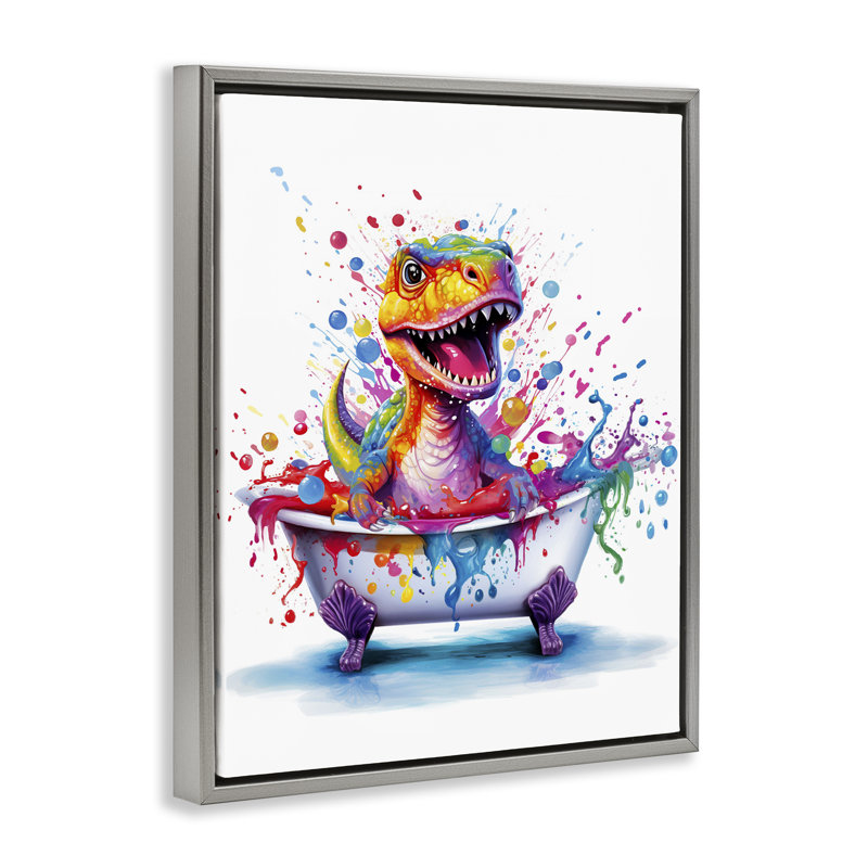 «Modern Splatter Dino» par Mary Cunningham, Cadre flottant gris lustré, H 21 po x l 17 po
