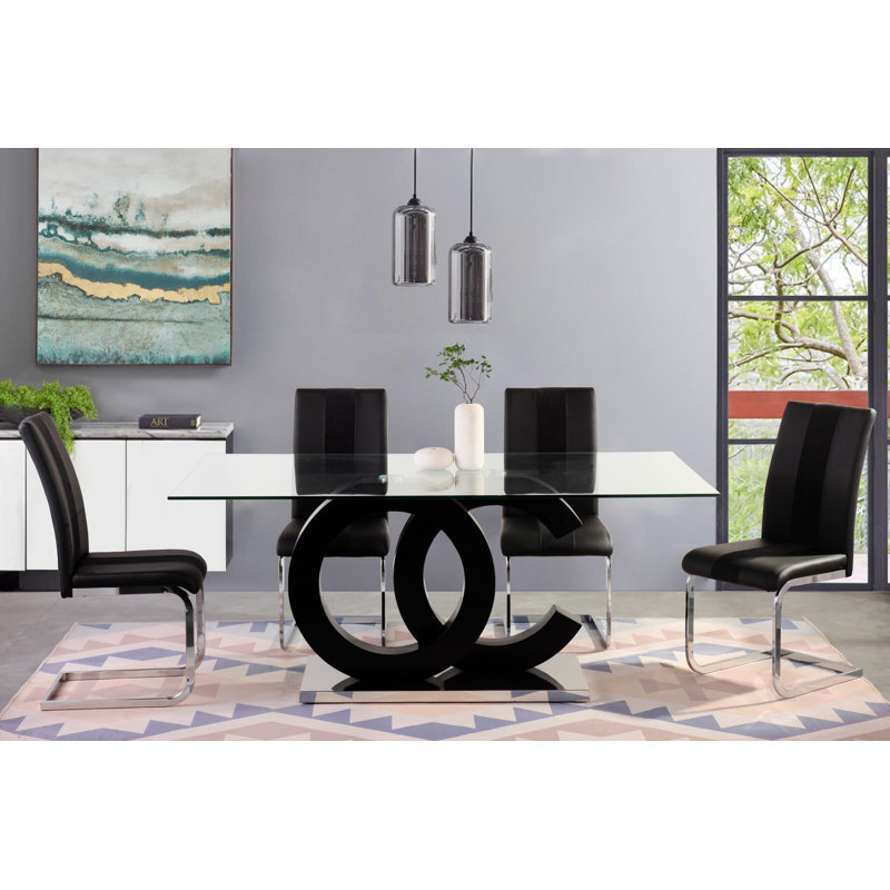 Contemporary Matte Black and Stainless Steel Dining Table with Glass Top