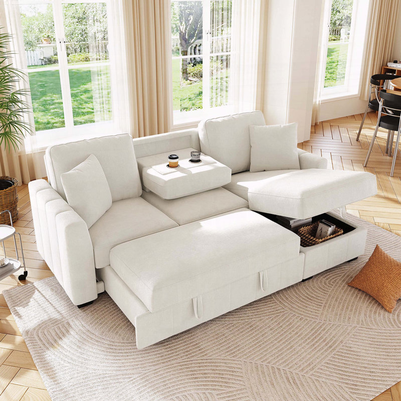 Canapé-lit modulaire en L 90 po avec rangement et porte-gobelets réversibles, Polyester beige