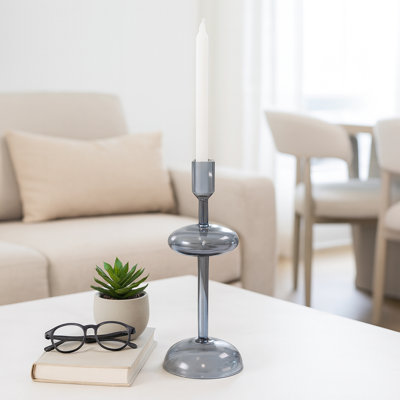 Modern Candle Holder with Glass Cylindrical Design – Elegant Tabletop Candle Holder for Dining Table, Shelf Decor, Entryway, Mantel, Console, Bookcase, Sideboard, Coffee Table, Bedroom, and Living Room Styling – Blue