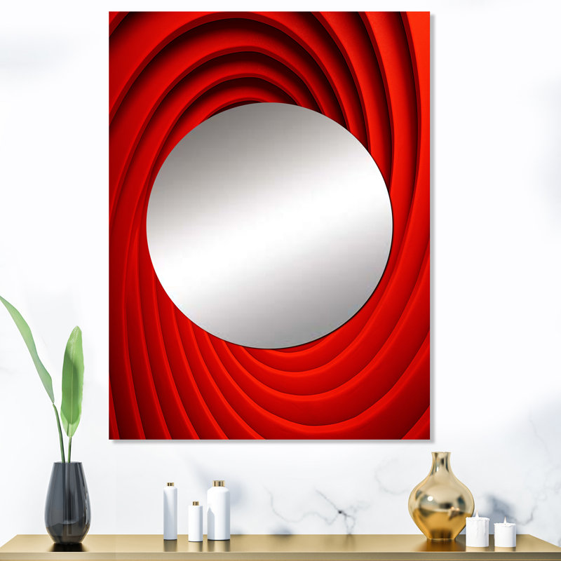 Yehudis Red Perpetual Pulse Vortex II - Abstract Spirals Decorative Mirror, Modern Large Wall Mirror, Printed Metal Art