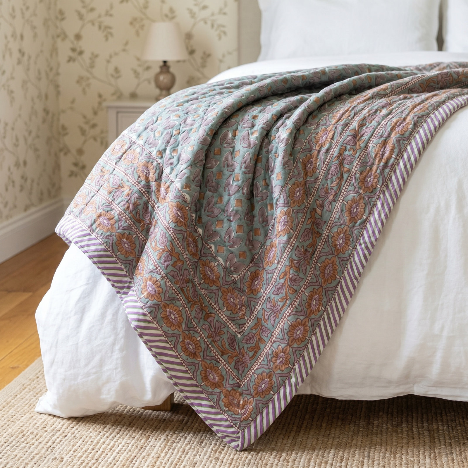 Cotton Quilted Throw Blanket, Queen, Purple/Green