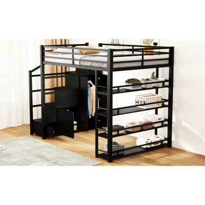 Full Size Metal Loft Bed In Black With Wardrobe And 4 - Tier Shelves, Ideal For Workspace, Secure Guardrails Shelves Study, Crafting, Safe Length