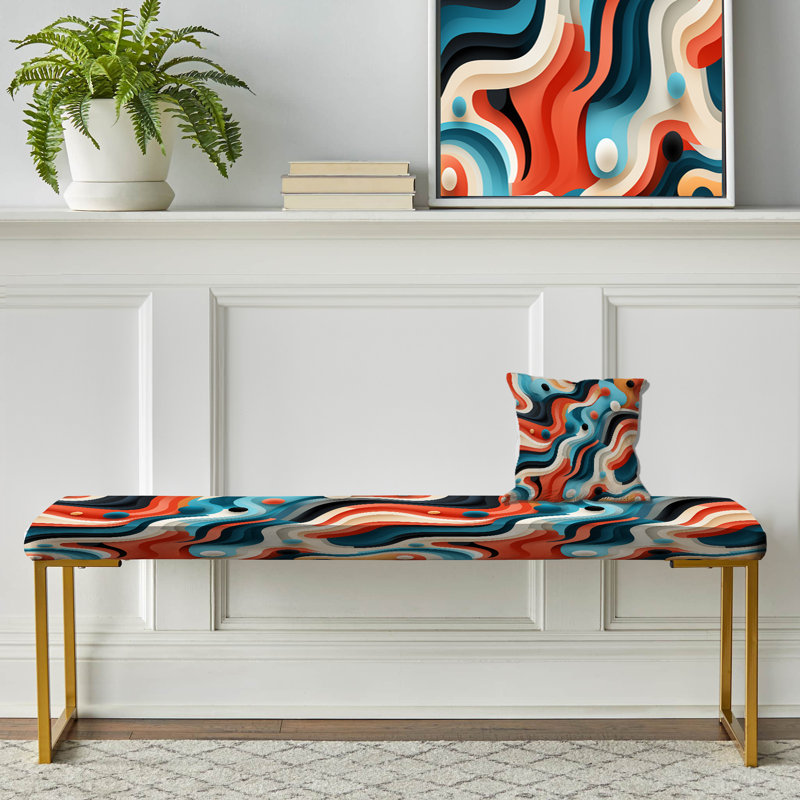 Geometric Upholstered Gold Bench, Blue And Orange Futuristic Vibes Striped