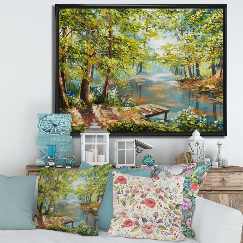 Forêt d'automne avec rivière sinueuse - Peinture sur toile, H 30 po x l 40 po x 1,5 po, Cadre flottant noir