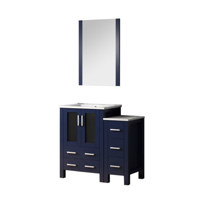 36 po Meuble-lavabo bleu marine avec armoire latérale, comptoir en céramique blanche, miroir mural de 22 po et grande surface de rangement équipée d'une grande surface de rangement, mécanisme de fermeture en douceur