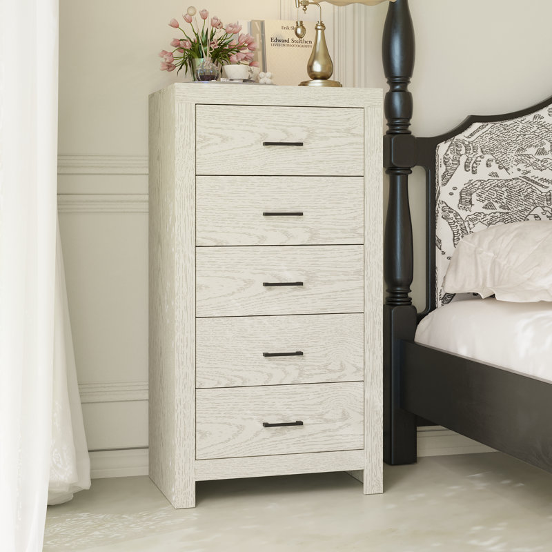 5-Drawer Tall Dresser With Wood Grain Texture, Gray