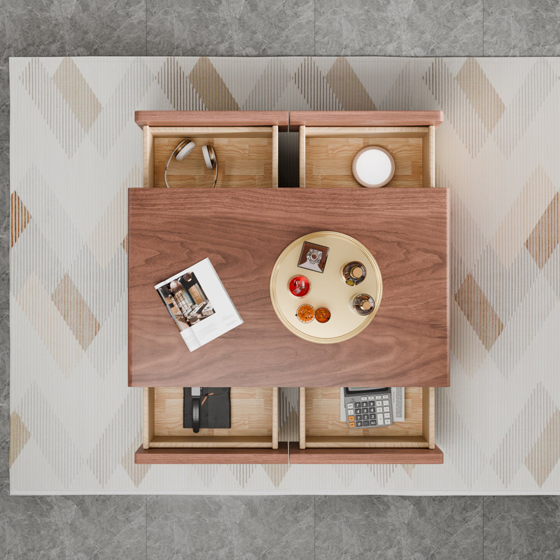 Table basse sur pied moderne entièrement fabriquée à la main de 47 po avec finition en placage de bois de noyer massif et 4 tiroirs
