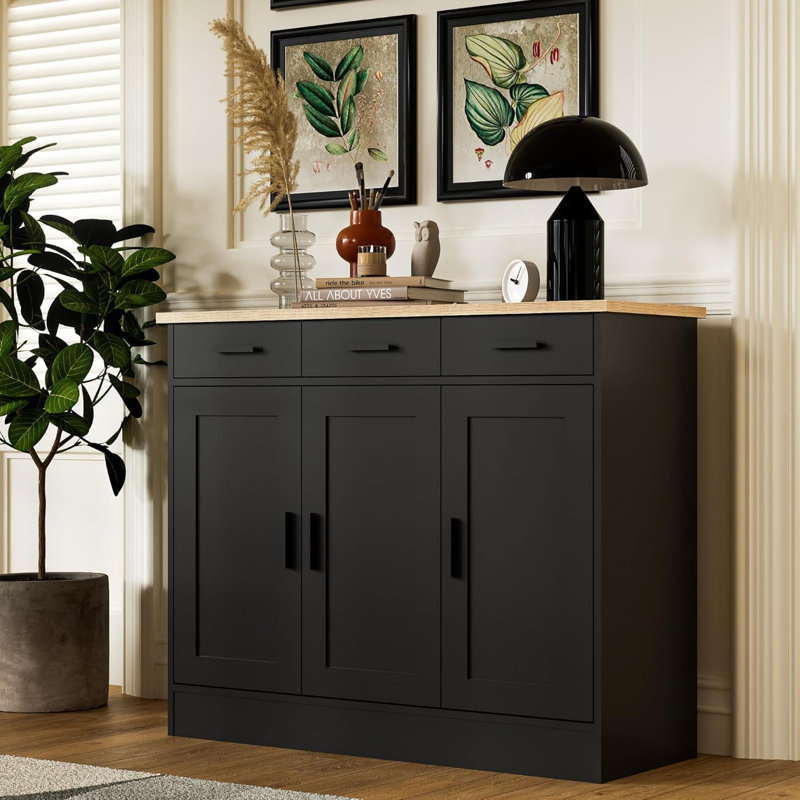 Buffet en chêne de 43,3 po de largeur, armoire à café avec 3 tiroirs et 3 portes, buffet de cuisine pour le salon, cuisine