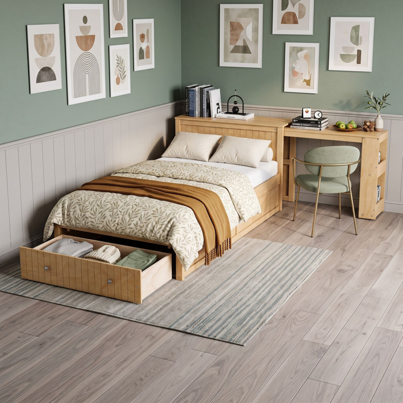 Lit plateforme simple en bois avec bureau et tiroir intégrés, Natural