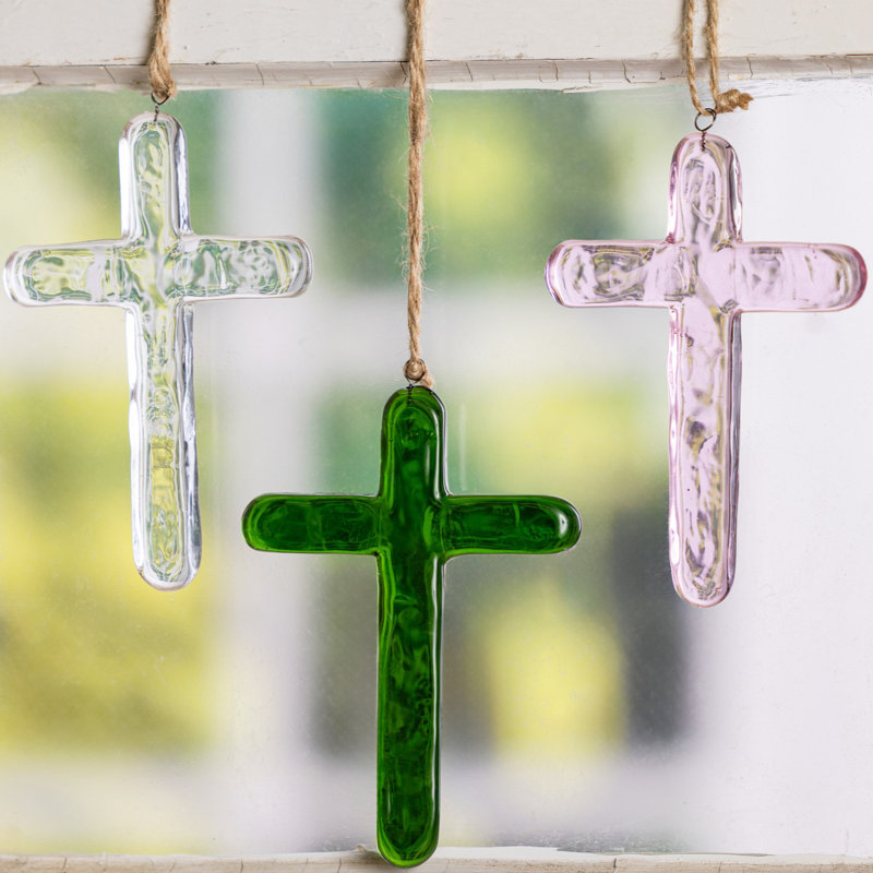 Glass Green Cross w/Hanger Home Decorations Spring