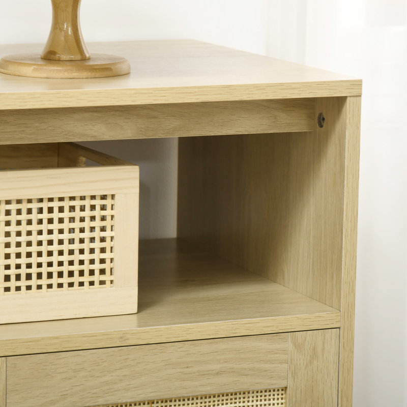 Natural Light Wood Boho Sideboard with Rattan Doors