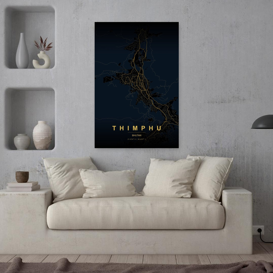 Thimphu Golden Map Abstract Minimalist Modern City Wall Art Print