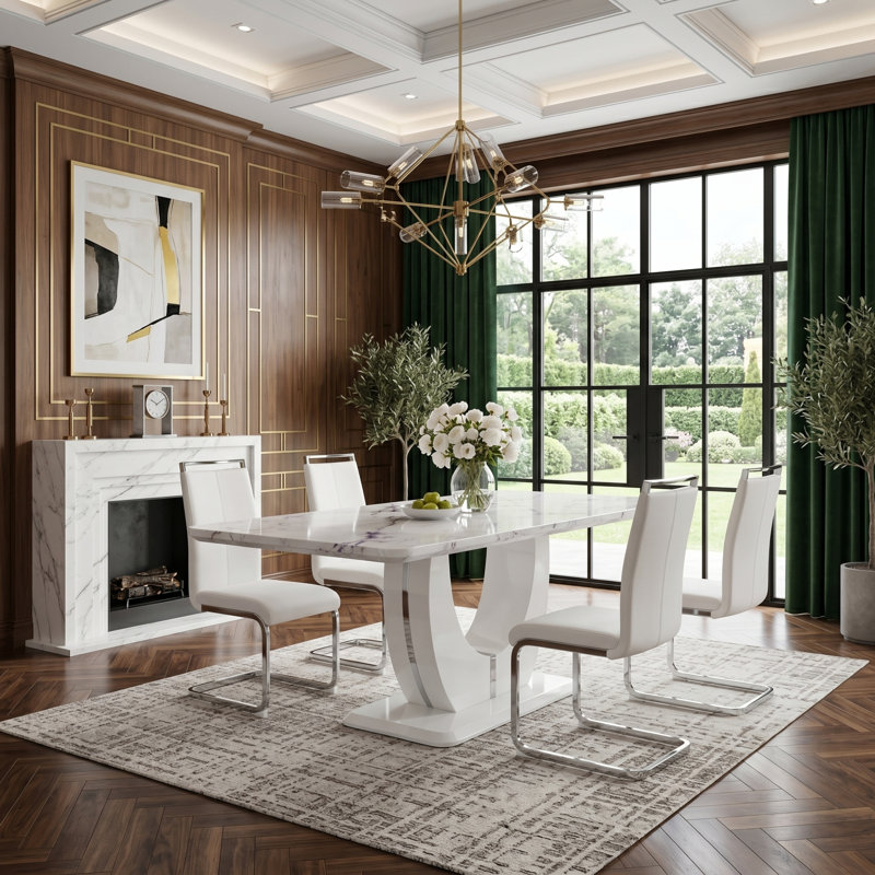 Modern 5-Piece Dining Set With Faux Marble Tabletop And 4 Upholstered C-Frame PU Leather Chairs, White, White