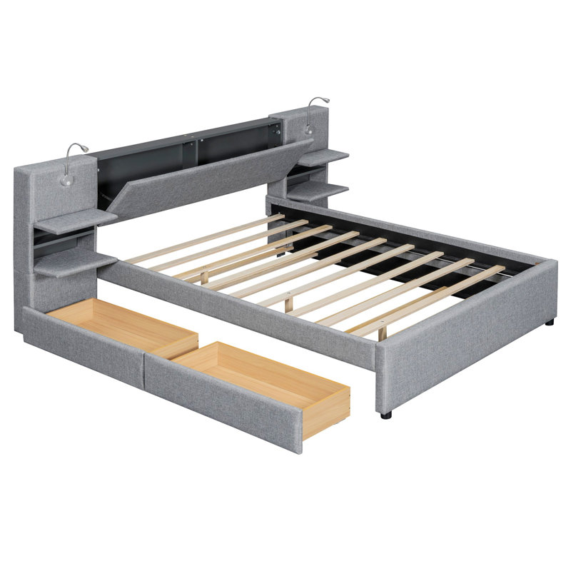 Lit plateforme tapissier avec lampes de lecture, tiroirs, lit gigogne et tablettes de rangement