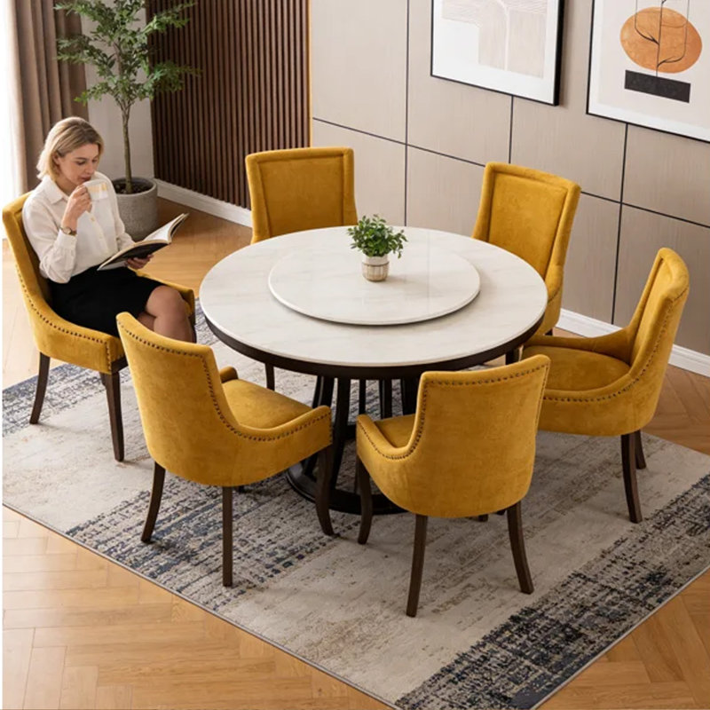 Farmhouse Upholstered Side Chairs Set of 6, Vintage Solid Wood Kitchen Dining Chairs with Nailhead Trim & High Back Support, 350lbs Weight Capacity