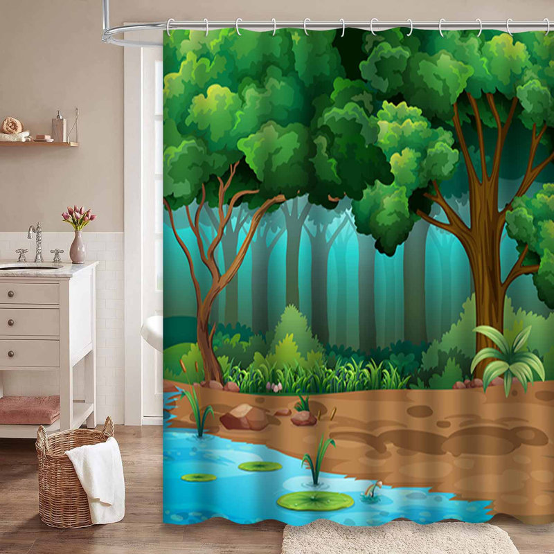 River Run Jungle Forest Lake Soil Green Shower Curtain with 12 Hooks, 72" L x 78" W