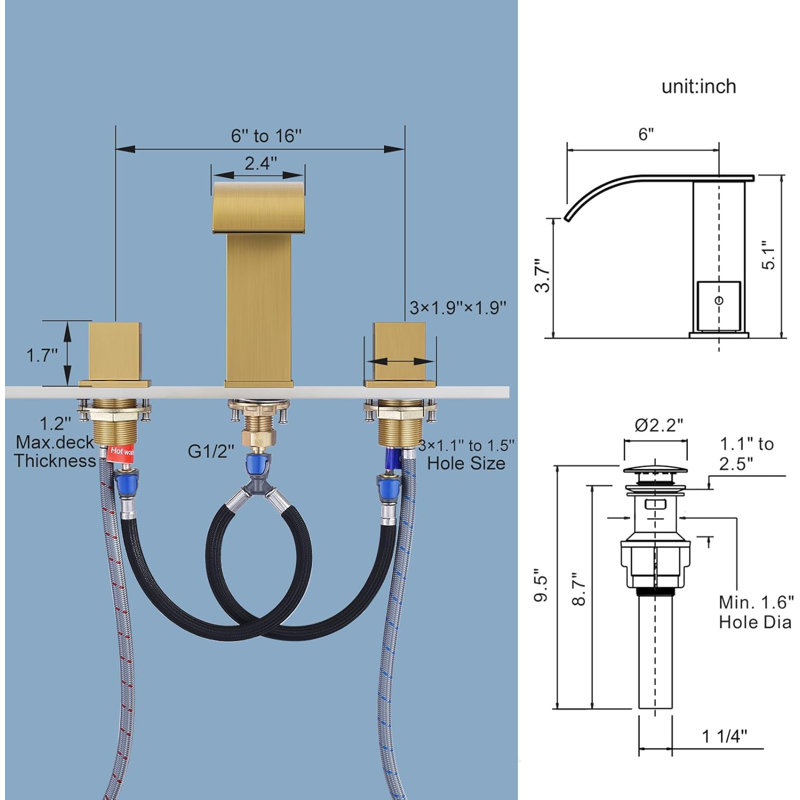 Robinet de salle de bain cascade espacé de 8 pouces, robinet de meuble-lavabo 3 trous avec bonde escamotable et tuyaux d'alimentation ARCORA