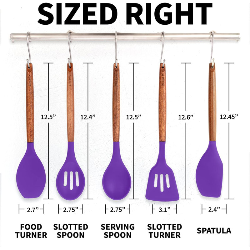 Ensemble d'ustensiles en silicone 5 pièces avec poignées en bois d'acacia Zulay Kitchen , Mauve