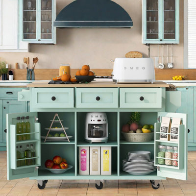 Kitchen Island With Drop-leaf Countertop, 5 Wheels, Storage Cabinet, Open Shelves And 3 Drawers