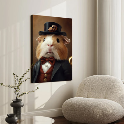 Portrait vintage d'un gentilhomme cochon d'Inde en haut-de-forme et costume formel, grande toile tendue sur châssis, idéale pour le salon ou la chambre.